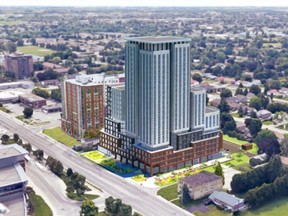 Red Maple Properties is seeking a rezoning from city hall to build a 24-storey student apartment building, shown in a rendering, across from Fanshawe College. If approved, the tower would be twice as tall as what’s allowed for the site under city policies.