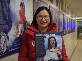 London swimmer Maggie Mac Neil, a medal-winning sensation at the 2020 Summer Olympics, was inducted into her high school’s wall of fame at Sir Frederick Banting secondary school in London. (CALVI LEON, The London Free Press)