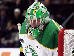 Goalie Matt Onuska was likely going to get his first start of the season Saturday when the London Knights play the Erie Otters in Erie, but he was diagnosed with mononucleosis on Thursday and will likely be sidelined a month. The Knights called up Owen Flores from the London Nationals to back up Brett Brochu. (Mark Malone/Chatham Daily News)