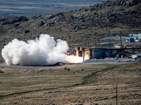 The US Navy, in collaboration with the US Army, conducts a static fire test of the first stage of the newly developed 34.5" common hypersonic missile that will be fielded by both services, in Promontory, Utah, U.S., in this handout image taken on October 28, 2021. (Northrop Grumman/Handout via REUTERS)