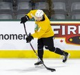 Antonio Stranges takes a shot during London Knights practice Monday Nov. 8, 2021, at Budweiser Gardens. Stranges sat out the first five games of season with a shoulder injury and is still looking for his first goal. The Knights play the Guelph Storm Tuesday night at home. (Derek Ruttan/The London Free Press)