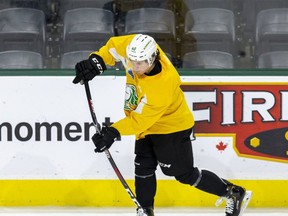 Antonio Stranges takes a shot during London Knights practice Monday Nov. 8, 2021, at Budweiser Gardens. Stranges sat out the first five games of season with a shoulder injury and is still looking for his first goal. The Knights play the Guelph Storm Tuesday night at home. (Derek Ruttan/The London Free Press)