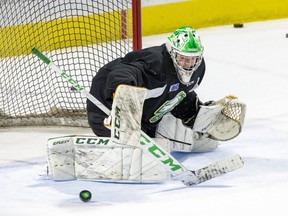 London Knights goalie Brett Brochu makes a save during practice at Budweiser Gardens in London. (Derek Ruttan/The London Free Press)