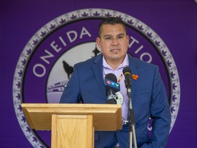 Oneida Nations of the Thames Elected Chief Adrian Chrisjohn speaks during the launch of The Imagine Build, an initiative to raise funds for affordable, accessible homes in the community. Photo shot on Monday November 22, 2021. Derek Ruttan/The London Free Press/Postmedia Network