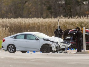 A man suffered serious injuries when three vehicles collided Tuesday morning at Exeter and Wonderland roads, London police said.  Photo taken Tuesday, Nov. 2, 2021.  Mike Hensen/The London Free Press