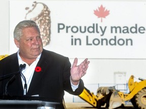 Premier Doug Ford speaks at the Nestle Canada factory expansion groundbreaking event in London on Friday November 5, 2021. (Mike Hensen/The London Free Press)