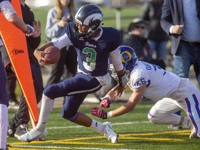 Laurier's Damon Barrow tip toes into the end zone just getting around Carter English of the Oakridge Oaks during a Thames Valley Central quarterfinal matchup Nov. 10 at City Wide Sports Fields. The Rams play the Lucas Vikings in a semifinal Friday. (Mike Hensen/The London Free  Press)