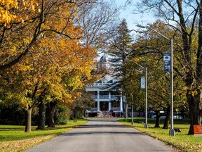 The Mohawk Institute as a search of 200 hectares for unmarked graves began at the former church-run, government-funded Indian Residential School, the Mohawk Institute, in Brantford, Ontario, November 9, 2021.REUTERS/Carlos Osorio