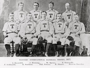 The 1877 Tecumsehs of London are being inducted Tuesday into the Canadian Baseball Hall of Fame. The team won the International Association title in 1877 and held their own against Boston, Chicago and St. Louis when the major league clubs came on barnstorming tours. (Credit: Illustrated London, 1900)