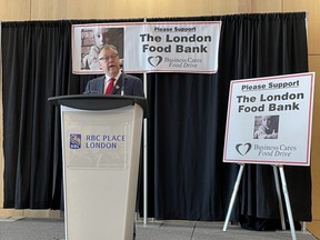 Wayne Dunn, campaign chair of Business Cares, at the 22nd annual Business Cares Food Drive campaign launch Wednesday at RBC Place London. For the second year in a row, Dunn said there is no set goal for donations due to the ongoing strain of COVID-19. Businesses and individuals are asked to give what they can. (Serena Marotta, The London Free Press)