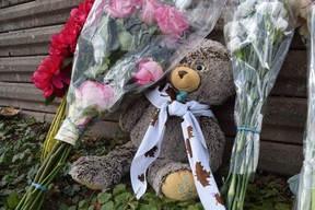 A memorial at the scene of a devastating crash Tuesday on Riverside Drive in west London is growing as the community mourns the death of an eight-year-old girl, who was among the eight girls, female teen and woman hit by an SUV while walking on the sidewalk. (CALVI LEON, The London Free Press)