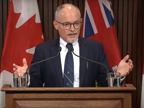 Ontario chief medical officer of health Kieran Moore, shown in this image from a briefing last week, said Tuesday the province is trying to procure more rapid tests. The federal government reports on its website that it has given the province 34 million tests but only about 10 million have been used. (YouTube)