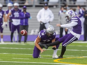 Western kicker Brian Garrity nails a 45-yard field goal in a game Oct. 16, 2021 against the Windsor Lancers at Western Alumni Stadium. Conditions will be far different Saturday when the Mustangs play the Saskatchewan Huskies at Laval in the Vanier Cup. The field is covered in ice patches and the temperature is expected to be -10 C when the game begins at 1 p.m. Mike Hensen File photo