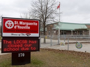 St. Marguerite d'Youville Catholic elementary school in northwest London is one of three elementary schools in the city closed because of multiple cases of COVID-19 that are part of cluster of 40 probable Omicron cases. St. Nicholas and St. Mary Choir and Orchestra elementary schools have also moved classes online until at least Dec. 13, the London District Catholic school board said. (Mike Hensen/The London Free Press)