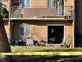 Sarnia police are investigating after an explosion in a first floor unit rocked an apartment building at 275 Finch Dr., forcing tenants to be removed in the middle of the night. Photo taken Monday Dec. 13, 2021. (Terry Bridge/Postmedia Network)