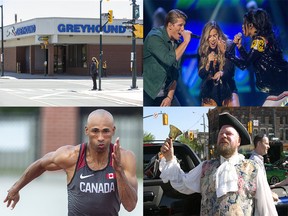 Clockwise from upper left, the Greyhound bus station in London; the Reklaws and Sacha; town crier Bill Paul; Olympic medalist Damian Warner