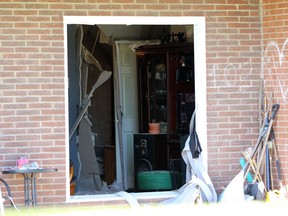 The unit inside a Finch Drive apartment building fire officials said was "severely damaged" due to an explosion is seen here on Monday December 13, 2021 in Sarnia, Ont. (Terry Bridge/Postmedia Network)