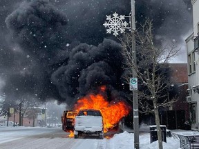 Stratford firefighters were called Sunday morning to a vehicle fire on Erie Street. The fire was extinguished quickly, officials said, and no injuries were reported. (Contributed photo/Nicole Drimmie)