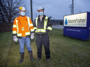 Spencer Templeton, left, is an operator and Matthew Agostinelli is a millwright apprentice at at StormFisher Evironmental in London. The biogas company is now Canada's largest food-waste diversion plant after a recent expansion. (Derek Ruttan/The London Free Press)