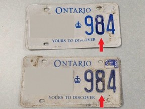 London police arrested a man after a spotting a vehicle with altered licence plates, shown here. The zero on each plate was doctored to look like an eight. Officers deployed a spike belt before arresting a suspect who fled the scene. (London police supplied photo)