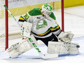 Instead of playing three games in Michigan this weekend, London Knights goalie Brett Brochu and his teammates are staying in London after the team was placed in COVID-19 protocols, forcing the league to postpone the games. The Knights have played the fewest games in the league this season of all teams. (Derek Ruttan, The London Free Press file photo)