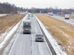 The test of the increased speed limit of 110 kilometres an hour on Highway 402 between London and Sarnia and two other 400-series highways in Ontario has been extended by two years after the pandemic reduced traffic volumes and made safety comparisons with past years difficult. (Derek Ruttan/The London Free Press)