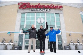 2023 Brier vice-chairs Ken Schofield, left, Ted Smith and Peter Inch show their joy Monday Jan. 24, 2022, after London was chosen to host the national men's curling championships at Budweiser Gardens. London previously hosted the Brier in 2011 and 1974. (Derek Ruttan/The London Free Press)