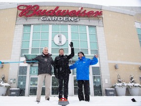 2023 Brier vice-chairs Ken Schofield, left, Ted Smith and Peter Inch show their joy Monday Jan. 24, 2022, after London was chosen to host the national men's curling championships at Budweiser Gardens. London previously hosted the Brier in 2011 and 1974. (Derek Ruttan/The London Free Press)