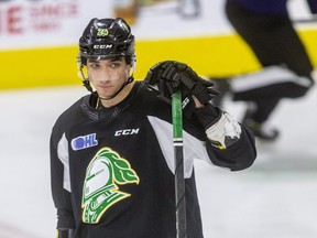 Defenceman Logan Mailloux will play for the first time this season for the London Knights against the Flint Firebirds Friday night at Budweiser Gardens. Mailloux was suspended indefinitely on Sept. 2 by the OHL after pleading guilty to two charges related to sharing an intimate photo of a woman without her consent while he was playing in Sweden in November 2020. The league lifted his suspension over the Christmas break. (Mike Hensen/The London Free Press)