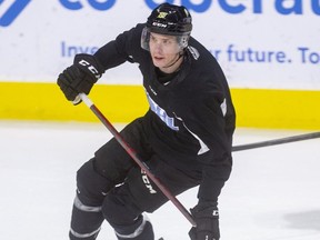 Kirill Steklov skates at a London Knights practice Jan. 5, 2022, at Budweiser Gardens. Steklov joined the team after the world junior championship was cancelled and has been paired with Logan Mailloux. In just two games, the pair have established themselves as one of the most impressive blue-line duos in the junior hockey. (Mike Hensen/The London Free Press)