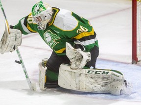 London Knights goaltender Brett Brochu will be backed up by a goalie loaned by the Flint Firebirds when the Knights play the Saginaw Spirit Wednesday night in Saginaw. The Knights left seven regulars at home, including backup goalie Owen Flores, to avoid the risk of full two-week quarantines in the United States in the case of a positive COVID test. (Mike Hensen/The London Free Press)