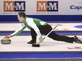 Saskatchewan skip Steve Laycock releases a rock while practising at the Brier, Canada's national men's curling championship, in London in March 2011. The event returns here in 2023. DEREK RUTTAN/THE LONDON FREE PRESS