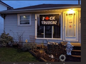 Anti-Trudeau flag is allowed to keep flying on woman's Port Colborne, Ont. home (Source: CCF/Twitter)