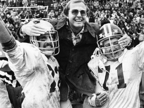 Darwin Semotiuk is shown celebrating one of his many victories as head football coach of the Western Mustangs, 1977. (London Free Press files)