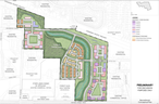 A conceptual plan for a proposed development on Oxford Street west of Cherryhill Village Mall includes three- and four-storey townhomes and more than a dozen apartment buildings. The site that extends to Proudfoot Lane is nearly 32 hectares.