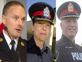 The London police services board has confirmed it is in talks to renew contracts for Chief Steve Williams, left, and deputy chiefs Stu Betts and Trish McIntyre. (Free Press file photos)