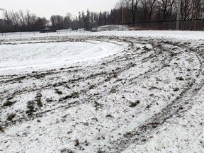 Stratford police say a group of teens has come forward to take responsibility for damaging the baseball diamonds and surrounding grass at the Canadian Baseball Hall of Fame in St. Marys Jan. 7.  The teens have agreed to help repair the damage. (Submitted photo)