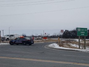 Eastbound 401 traffic is being detoured at Queen's Line in Tilbury as OPP continue to investigate an earlier two-vehicle crash. Chatham-Kent EMS said three patients were assessed and treated in total, two with minor injuries and one with critical injuries. (Trevor Terfloth/Postmedia Network)