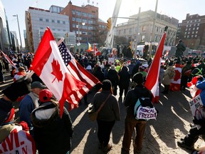 The divisions within the Conservative Party of Canada are playing out against the backdrop of the protest near Parliament Hill in Ottawa. (Blair Gable/Reuters)