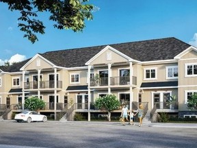 A numbered company is seeking a rezoning of a site at 475 Grey St. in London's SoHo neighbourhood to allow it to build two 2½-storey townhouse complexes with 18 units each. The townhouses are shown in a rendering.