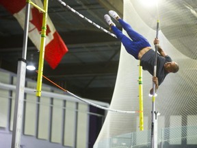 Damian Warner practises pole vault at Western University's Thompson Arena in May 2019. Western has reopened its facilities to students but not to track and field clubs, unlike some other universities. (Mike Hensen/The London Free Press)