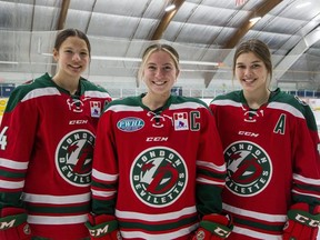 London Devilettes hockey players Emma Pais, Madison Chantler and Jocelyn Amos were named to the Canadian women's under-18 hockey team. (Derek Ruttan/The London Free Press)
