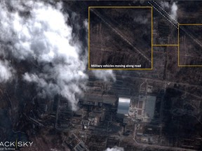 A satellite image with overlaid graphics shows military vehicles alongside the Chernobyl nuclear power plant in Ukraine on Feb. 25, the day after the Russian invasion of Ukraine. The silver dome at the bottom is new safe confinement structure built over the old sarcophagus covering the damaged fourth reactor. (BlackSky/Handout via Reuters)