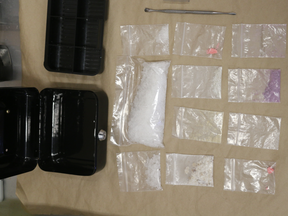 The OPP seized $26,000 worth of fentanyl, methamphetamine, heroin, and other drugs from a vehicle and a home in Perth County Monday. Four people were charged. (OPP supplied photo)
