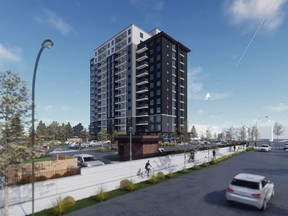 An artist's rendering shows a 14-storey residential highrise planned for 1055 Talbot St. in St. Thomas on the former Timkin Canada site.