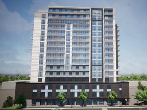 An artist rendering shows a 16-storey, 150-unit residential and commercial building proposed for 712 Base Line Rd. E., near Wellington Road. (Submitted photo)