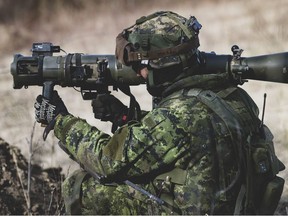 A soldier from the Princess Patricia's Canadian Light Infantry (PPCLI) practices his drills with a Carl-Gustaf M4 (CGM4) during Exercise MAPLE RESOLVE at the 3rd Canadian Division Support Base Garrison Wainwright, Alberta on May 3, 2021.