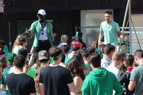 Large crowds line up at the Belfort, where an outdoor dance party drew hundreds in the early afternoon. (DALE CARRUTHERS, The London Free Press)