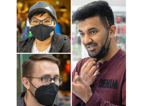 Clockwise from top left: Citizens Toni Skory, Taj Kalsy, and Tom White discuss the end of mandatory masks in most indoor public places in London, and provincewide.