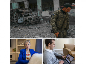 Clockwise from top left: A Ukrainian soldier passes a bombed-out school in the southern village of Zelenyi Hai; Fanshawe College student Serhii Maliar, 19, fears for family in Dnipro, a city in the Donetsk region of eastern Ukraine; Komoka's Tatiana Dowson is working on an escape plan for relatives in the Russian-occupied southern city of Kherson.  (Photos by (Photo by BULENT KILIC / AFP; Mike Hensen/The London Free Press;; Derek Ruttan/The London Free Press)